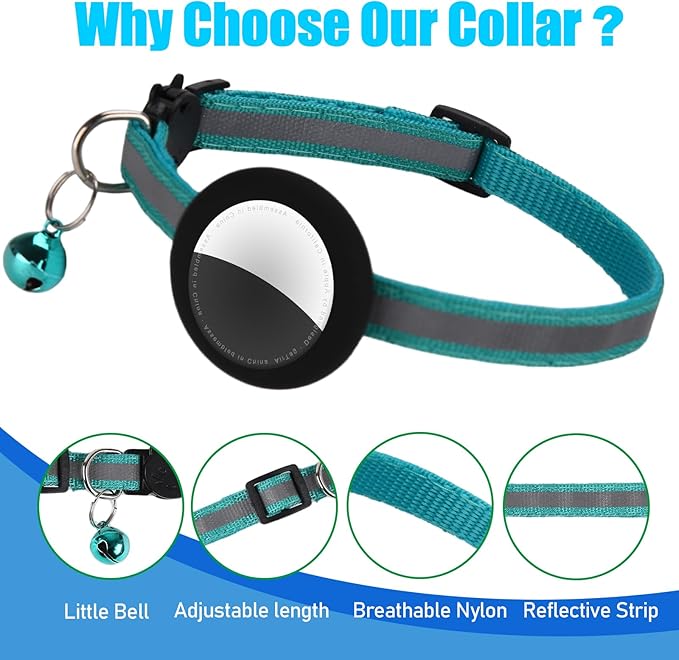 Reflective Cat Collar Fits for AirTag Holder, Breakaway Safety Buckle, Bell & Adjustable Strap for Cats Kittens - Compatible with Apple AirTag, Anti-Lost Pet Tracker Collar,Teal