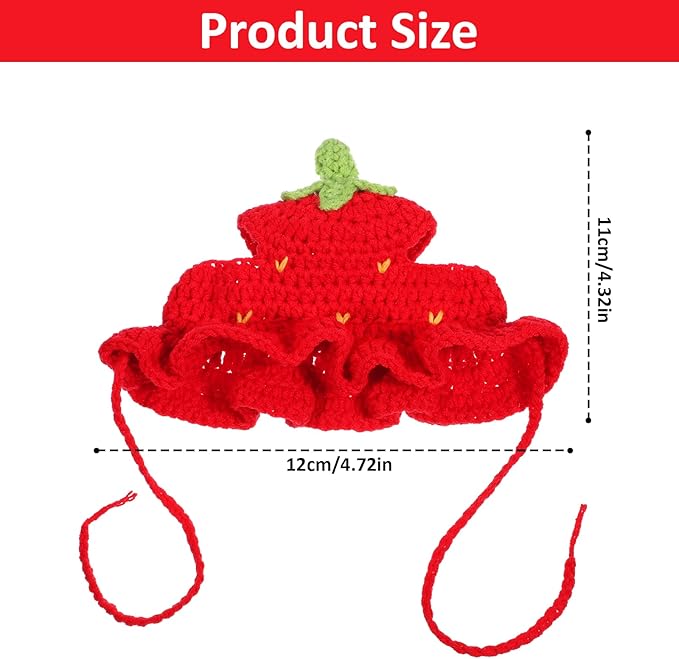 Strawberry Cat Hat, Cartoon Strawberry Design Knit Hat, Cotton & Soft Cute Knitted Hats, Funny Strawberries Dog Costume, Cute Costume Accessory for Puppy, Kitten, Small Animals, with Adjustable Cord