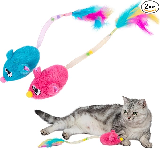 Catify by Best Pet Supplies Interactive Cat Toys – Plush, Motion-Activated & Squeaking Toys with Premium North American Catnip for Indoor Cats & Kittens - Squeaking Mice Set, Blue & Fuchsia