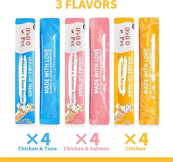 High-Meat Lickable Cat Treats Variety Pack - Real Chicken & Seafood - Smooth Creamy Puree - Grain-Free - 15g Each/12 Tubes x 3 Packs (36 Tubes in Total)