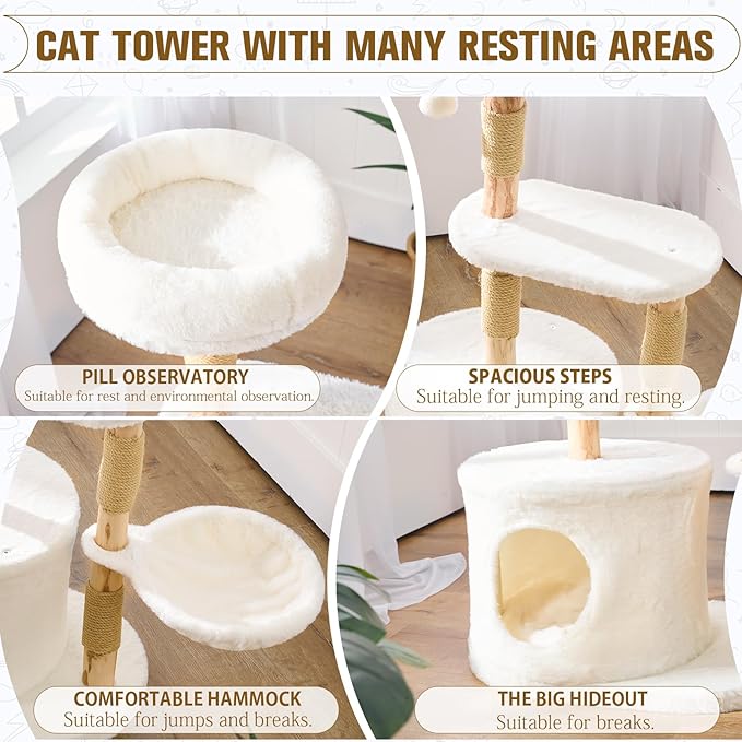 Modern Solid Hardwood Cat Tree Tower for Indoor Cats - Premium Wooden Cat Furniture with Scratching Posts, Cozy Condo, Stable Perch & Non-Tip Base, Multi-Level Play for Small & Medium Cats