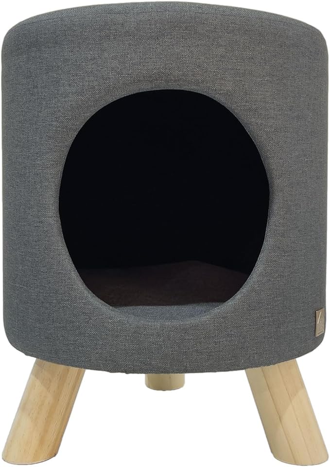4 Cats & Dogs Wallie Stool – Plush Pet Stool & Bed with Wooden Legs, Cozy Cat Condo Furniture & Pet Nook Hideaway, Multipurpose Stool with Cozy Pads for Cats & Small Dogs, Dark Grey