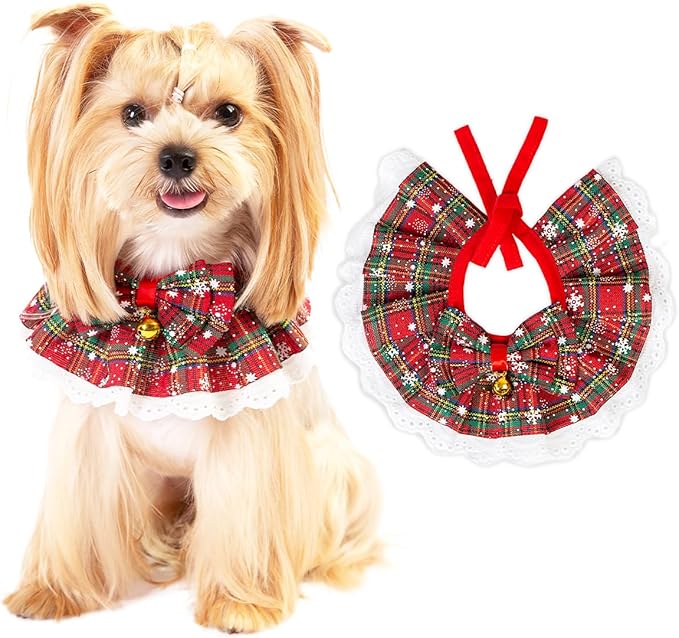 Dog Christmas Outfit – Holiday Dog Bandana with Bells, Plaid Scarf for Small Dogs & Cats, Cute Cat Christmas Outfit for Winter Parties & Photos (L)