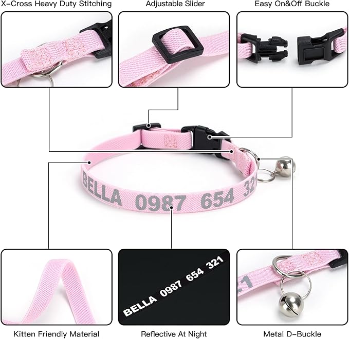 Personalized Cat Collar with Reflective Text for Night Visibility, Elastic Quick-Release Non-Breakaway Design, Fits Kittens, Small & Large Cats, Safe for Daily Wear
