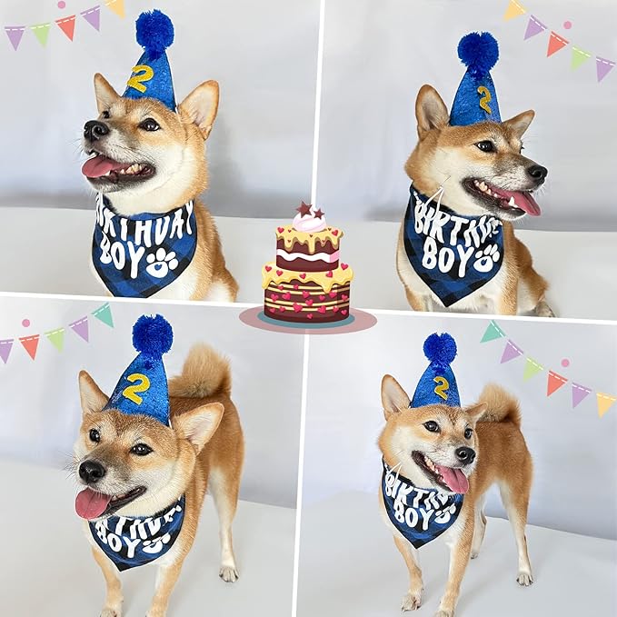 LESYPET Dog Birthday Party Supplies, Dog Birthday Hat with Bandana, and Banner, Cat Decorations Set for Party, Blue