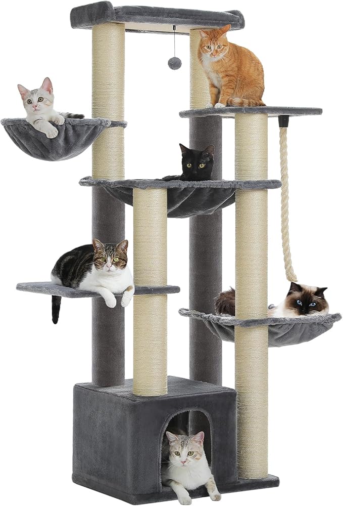 67" Heavy Duty Cat Tree for Indoor Cats Large Adult, XXL Cat Tower with 8 Thick Scratching Posts (φ4.3), Large Perch, Spacious Condo & Big Hammock - for Maine Coon up to 20 lbs, Grey