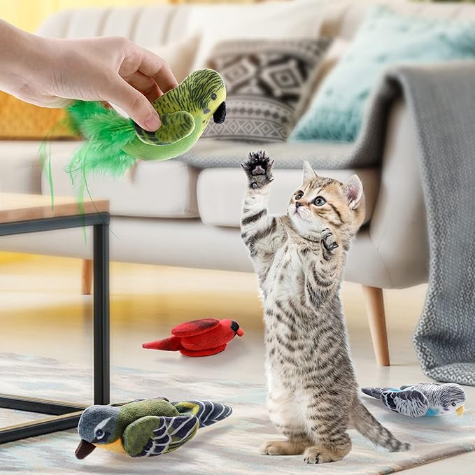 Cat Catnip Toys Interactive Cats 4pcs Kitten Plush Nip Chew Bird Toy with Crinkle Paper Pet Best Treats Stuffed Pillow Cute Teething Play Gifts Soft Kick Sound Supplies for Indoor Kitty