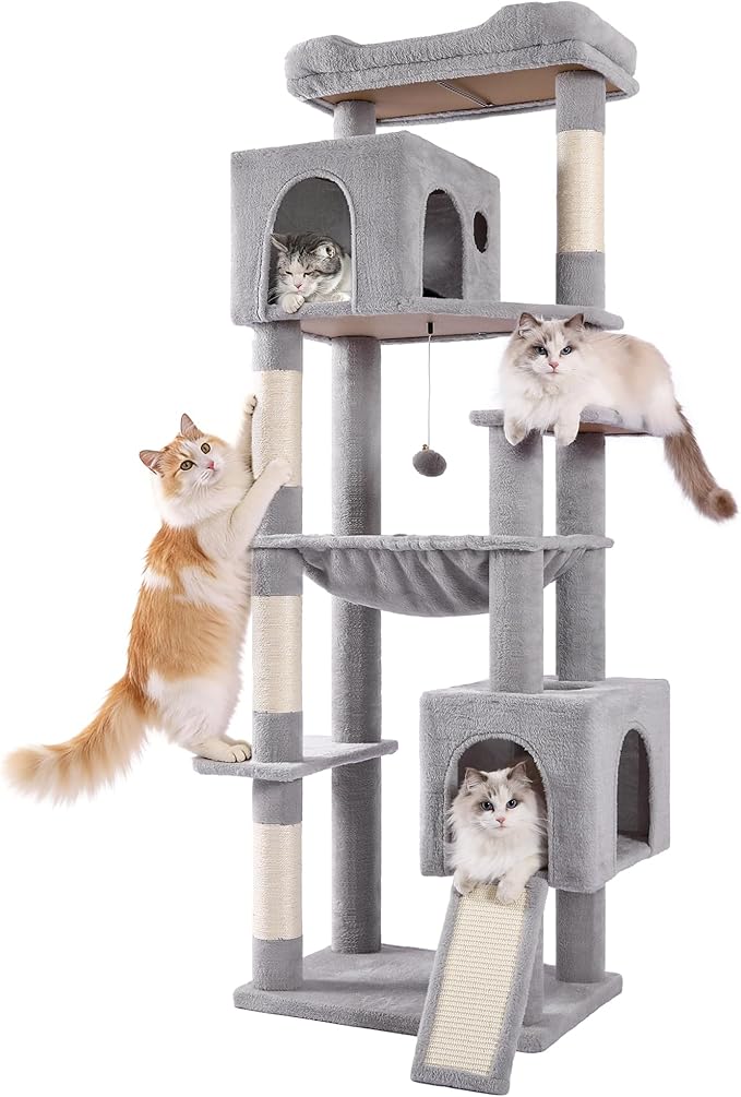 XXL Large Cat Tree Tower 70in Tall Heavy Duty Cat Tree for Maine Coon and Big Cats 20 lbs+,Enlarge Top Bed and Hammock, 2 Oversized Condo House with Scratching Posts-Grey