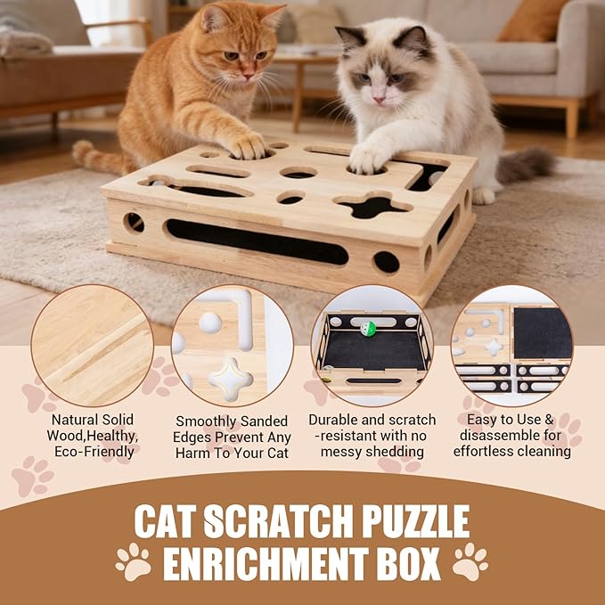 Cat Scratch Puzzle Enrichment Box, Smooth Solid Wood Cat Nail File Enrichment Box with Built-in Sandpaper, Cat Nail File Box Stress Free Alternative to Clippers & Grinders(No Bell Ball) (Large)