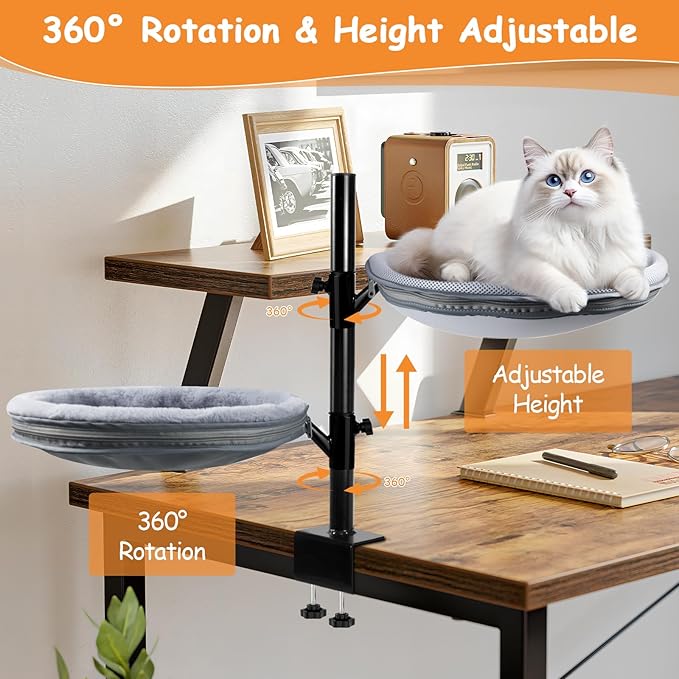 Double Layer Large Cat Desk Bed, 360° Rotating & Adjustable Shelf, 15" Thickening Desk Mounted Cat Bed with 2 Perches Holds Up to 66lbs for Office/Home
