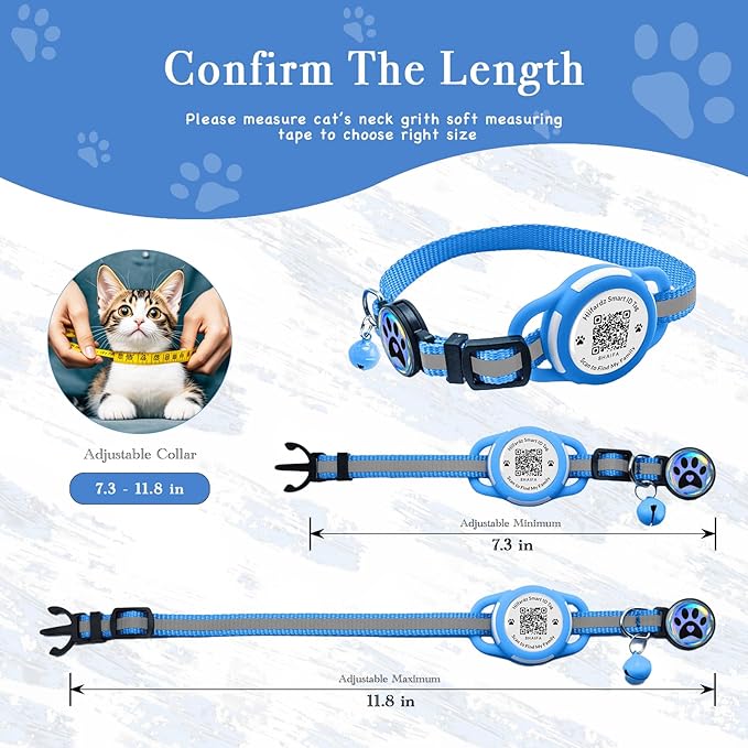 Cat Collar with Airtag Holder & QR Code Tag, Reflective Breakaway Kitten Collar with Quick Release Buckle, Adjustable Nylon Safety Collar for Indoor Outdoor Cats (Blue)