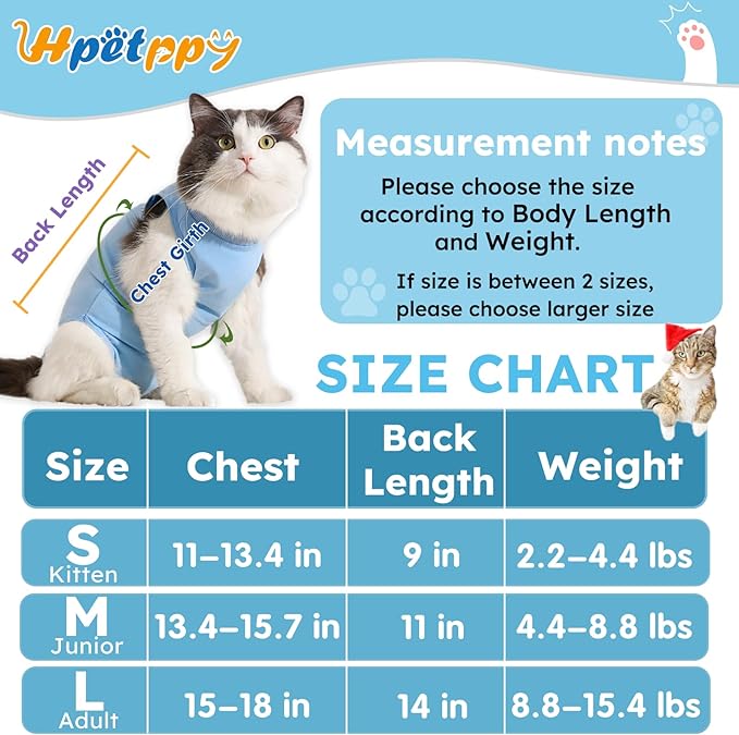 Hpetppy Cat Recovery Suit, Kitten Surgical Bodysuit for Abdominal Wound Anti Licking After Surgery, Pet Surgical Recovery Snugly Suit Cat Spay Recovery Suit Female for Small Male Female Cats Blue L
