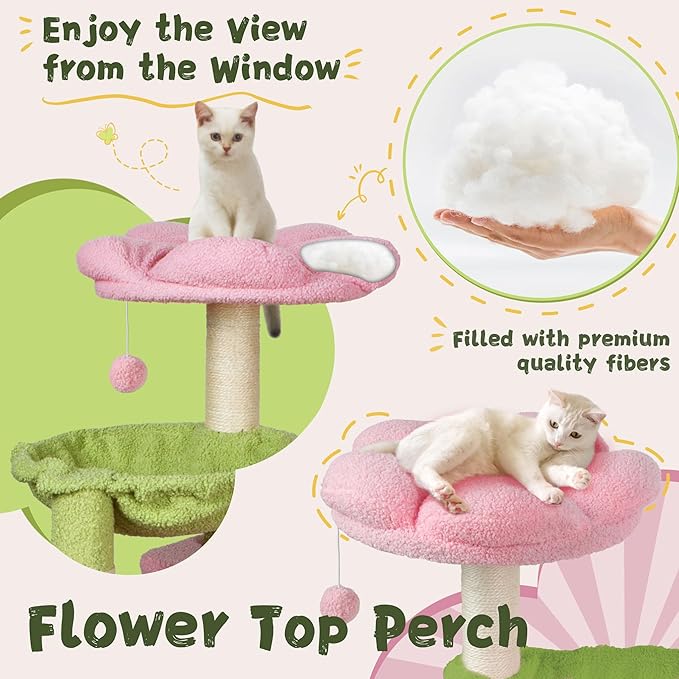 Fantasreen Cat Tree 43'' Cute Cat Tower Flower Cat Trees for Indoor Cat Condo with Hanging Toys Pink Large Top Perch for Kittens and Adults Cats Large