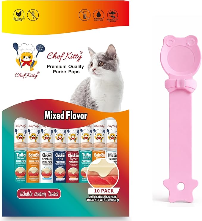 Purée Pops + Pink Feeding Spoon, Grain-Free, Lickable, Squeezable Creamy Cat Treat/Topper, 10 Tubes, Chicken and Seafood Mix Variety