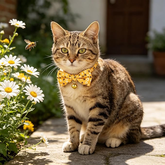 2 Pack Cute Cat Collar with Bow Tie & Bell, Adjustable Strawberry/Daisy Print Kitten Collars with Safety Breakaway Buckle for Cats & Small Dogs(Bee+Staw)