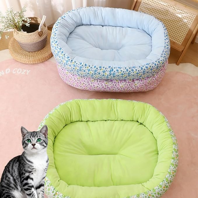 Floral Print Cat Beds for Indoor Cats Cozy Plush Fabric, Supportive Raised Sides, Non-Slip Bottom Washable Mat for Small Medium Pet Puppy Dog (Blue,Large)
