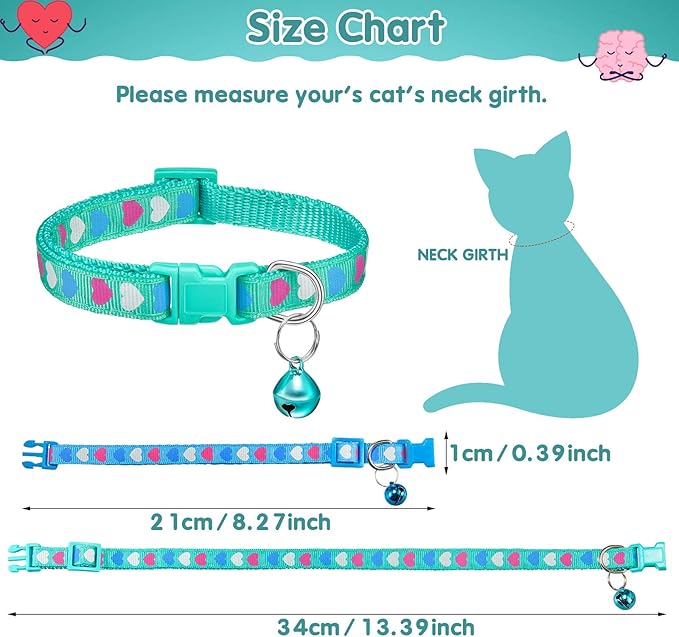 Frienda 6 Pack Cat Collars with Bells Breakaway Cats Collar Adjustable 8.27 to 13.39 Inches Safety Buckle Cute Pets Collar for Adult Cats and Small Dogs(Pink, Blue, Purple, Green)