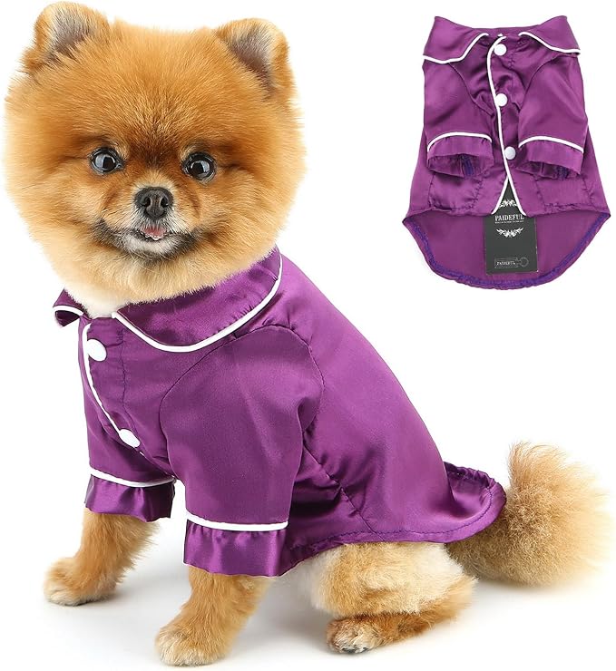 PAIDEFUL Soft Faux Silk Sleepwear for Small Dogs Cats Lapel Doggie Loungewear Lightweight Breathable Puppy Pajamas PJS Two-Legged Pet Shirt Clothes Summer Spring Chihuahua Apparel Button Up,Purple,XXL