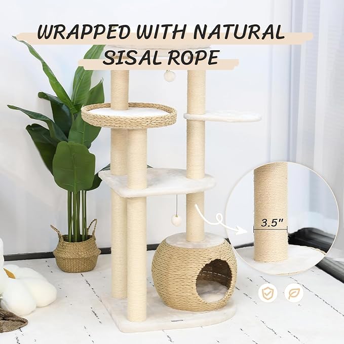 KAMABOKO Modern Solid Wood Cat Tree 53 Inch, Natural Sisal Scratching Posts Cat Tower for Indoor Cats, Cat Condo with Top Perch, Stable Wooden Cat Tree for Large Cats