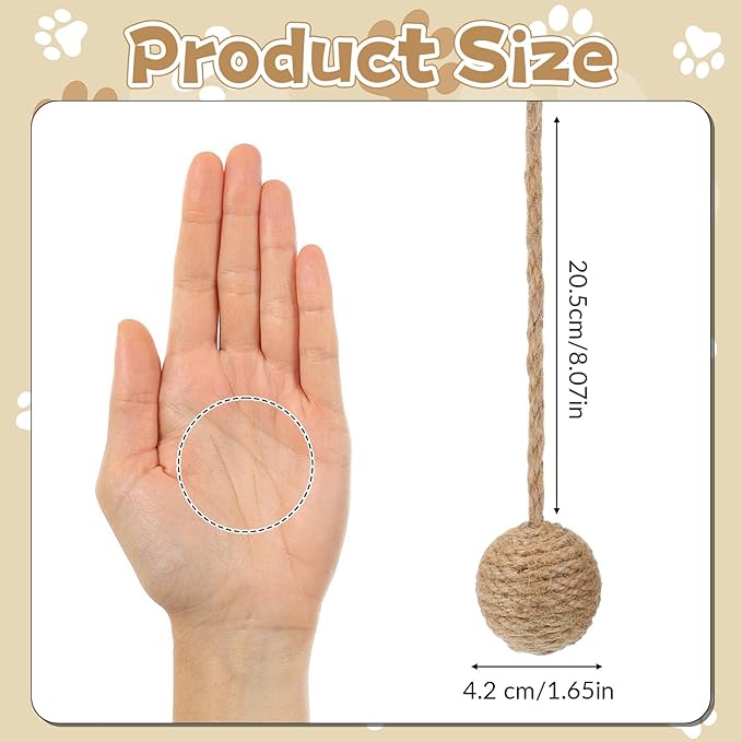 String Cat Toy Ball with 8 Inch Sisal Rope and Bell Inside, 1.7 Inch Sisal Rope Interactive Cat Ball Toy on String for Indoor Cats