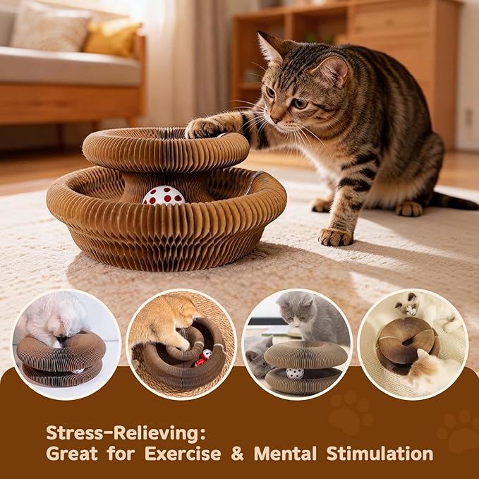 Magic Organ Cat Scratcher, Foldable Accordion Scratching Board with Bell Ball, Recycled Cardboard Interactive Scratch Pad, Reversible Infinity Toy for Indoor Cats