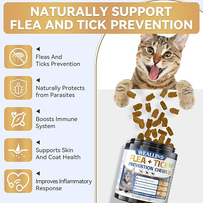 WEALLIN Flea and Tick Prevention Support Drop for Dogs & Cats + 200 Chews for Cats | Pets Oral Natural Supplement Flea and Tick Treatment for All Breeds and Ages