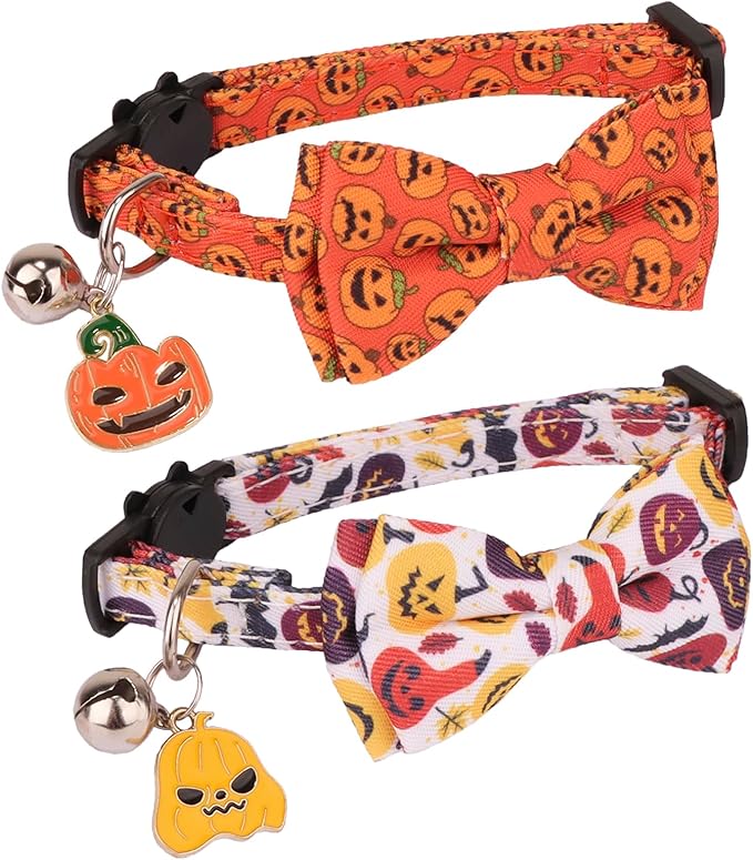 PTDECOR Halloween Cat Collars with Bow Tie Bell, 2 Pack Kitten Collar with Removable Bowtie Halloween Pumpkin Collar for Cats Kittens