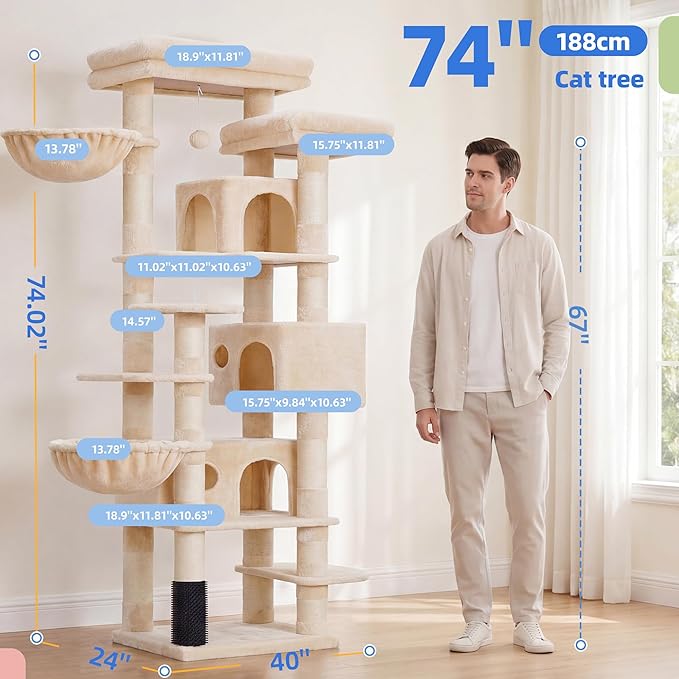 Hey-brother Cat Tree, 74 inches Multi-Level XL Large Cat Tower for Indoor Cats with Three Cat Condos, Two Large Top Decks and Cat Hairbrushfor Kittens, Cats and Pets, Beige MPJ035-MM