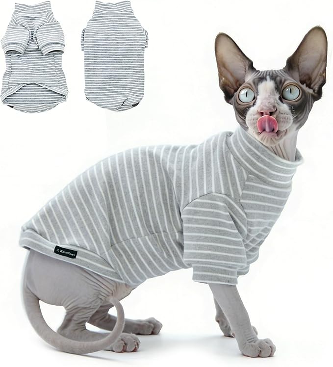 Sphynx Cat Sweater Plaid Hairless Cat Clothes Sweater Fleece Soft Warm Long Sleeves Pullover Pet Clothes Pajamas Dog Cloth for Small Dogs Jumpsuit Pet Sweaters (G-Striped, Large)
