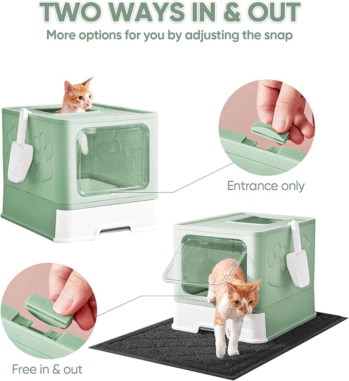 Medario Cat Litter Box with X-Large Litter Mat and Scoop, Large Covered Litter Box with Lid, Enclosed Kitty Box,Front Top Entry Exit, Odor Control Easy to Clean (Upgrade Green)