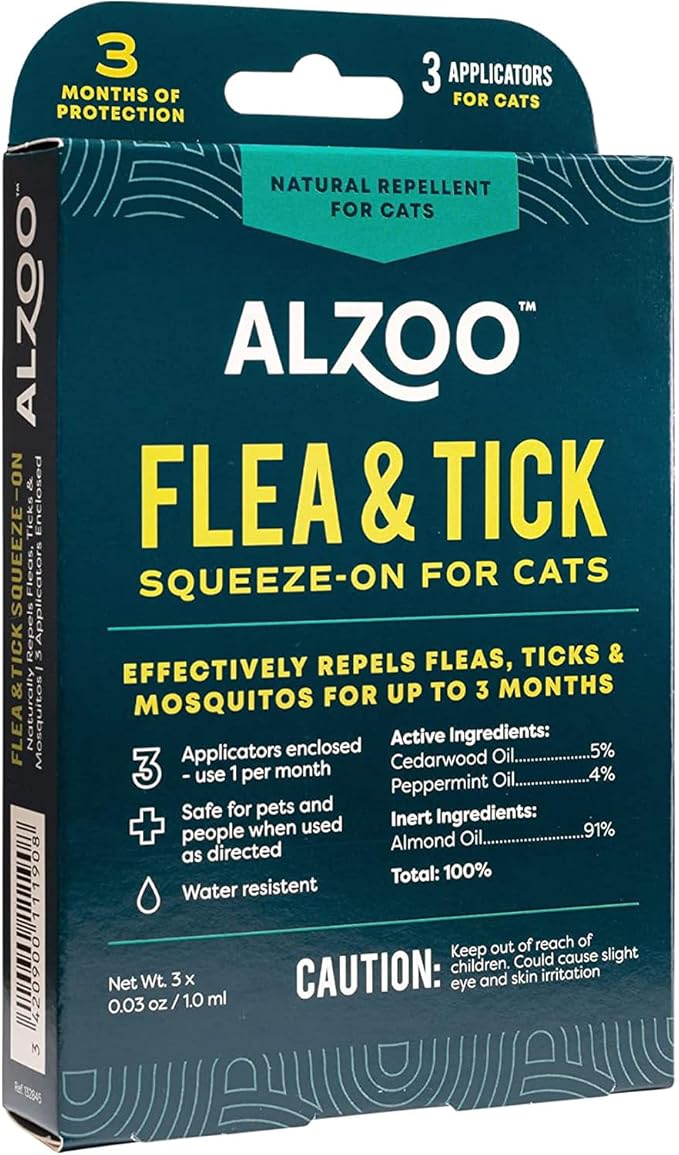 ALZOO Plant Based Flea & Tick Squeeze-On for Cats, Helps Repel Fleas, Ticks & Mosquitos, Up to 3-Months Protection, Plant-Based Active Ingredients, Water-Resistant, 3 EZ-On Applicators Per Pack