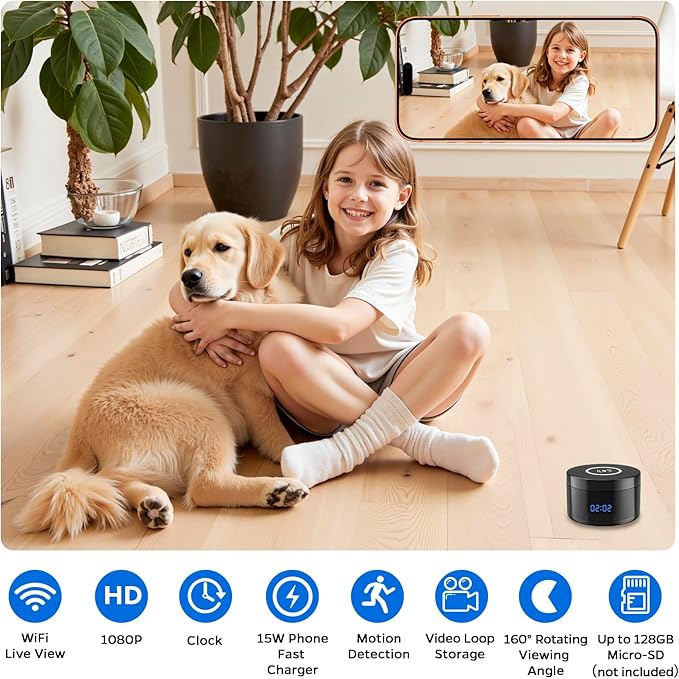 Smart Security Camera - 1080P Indoor Cameras for Home Security - Pet/Dog Camera with Motion Tracking - 15W Fast Phone Charger - Digital Clock (Ink Black)