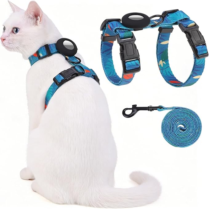 Cat Harness and Leash Set with Airtag Holder for Walking & Travelling, Escape Proof Cat Harness for Small Medium Large Kitten, Adjustable Lightweight Soft Cat Vests(Green Print)