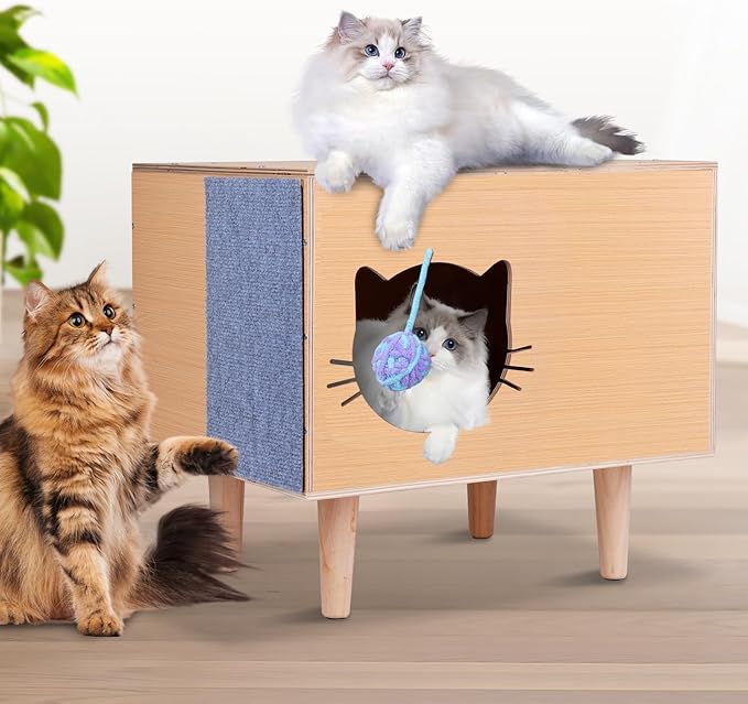 Cat House for Indoor Cat Bed Cave Wooden Condo with Cushion Scratcher Fluffy Ball Large Kitten Small Animal Stray Cats Hideaway Pet Cube