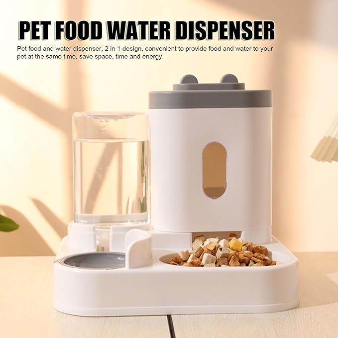 2 in 1 Automatic Cat Feeder and Water Dispenser, Large Capacity Self Feeding Dog Food Dispenser Gravity Food Bowl with 1l Water Tank for Multiple Pets (Gray)