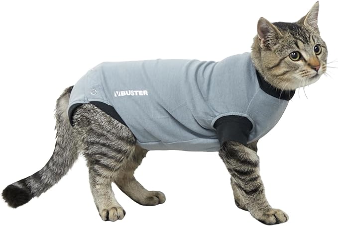 Kruuse Buster EasyGo Recovery Suit for Cats – Black/Grey (Extra Small, 16") – Soft, Breathable Post-Surgery Bodysuit for Wound Care, Hot Spots & Incontinence – Comfortable Protection for Cats