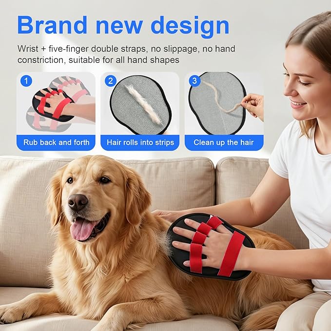 Upgraded Five-Finger Electrostatic Pet Hair Removal Gloves, Reusable Cat & Dog Hair Remover for Couch, Furniture, Carpet, Car Seat, Clothing - Magic Brush Pet Grooming Glove (Red)