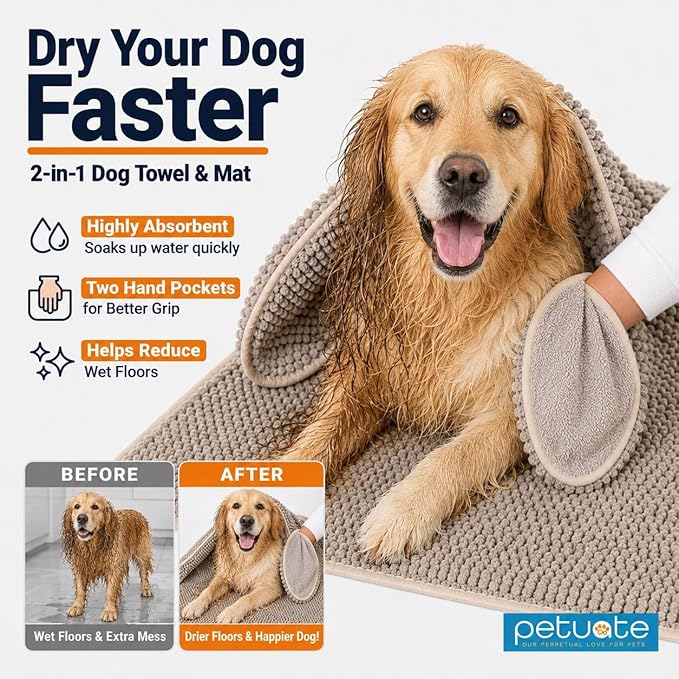Pet 2-in-1 Dog Towel & Mat – Transforms from Drying to Bath Mat, Ultra Soft, Absorbent & Quick-Drying, Machine Washable Dog Towels with Detachable Non-Slip Mat and Hand Pockets (Large)