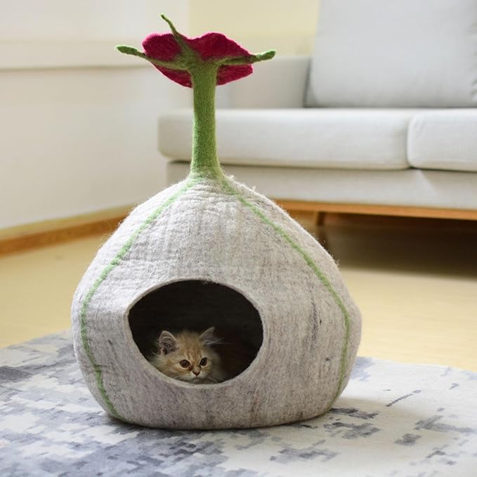 Top Flower Design Felt Cat Cave- Handmade Wool Cat Bed- Premium Pet Furniture