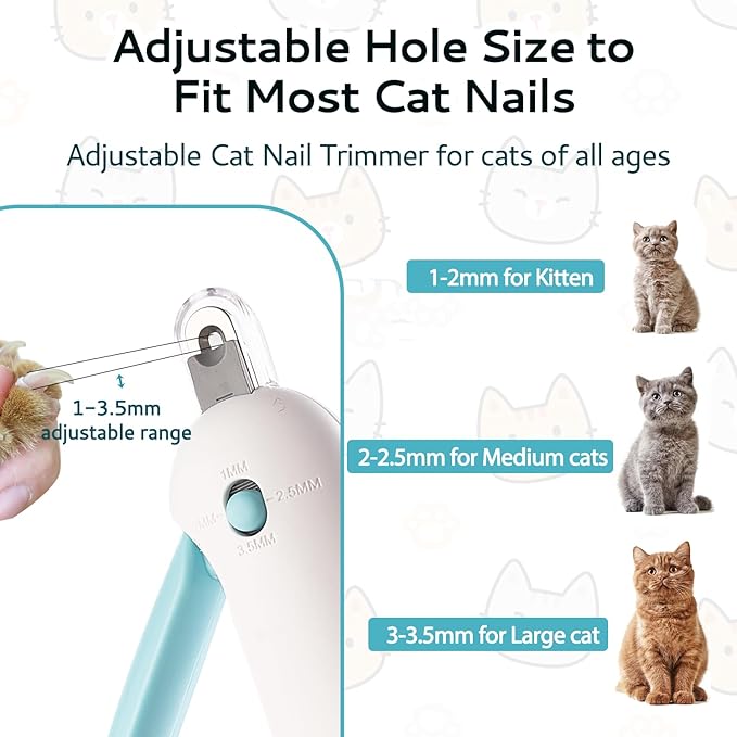 Cat Nail Clipper Adjustable Size, Cat Claw Clippers with 3-Size Trimming Hole & Hidden Nail File Round Hole Blade Pet Grooming Tool for Kittens & Indoor Cats