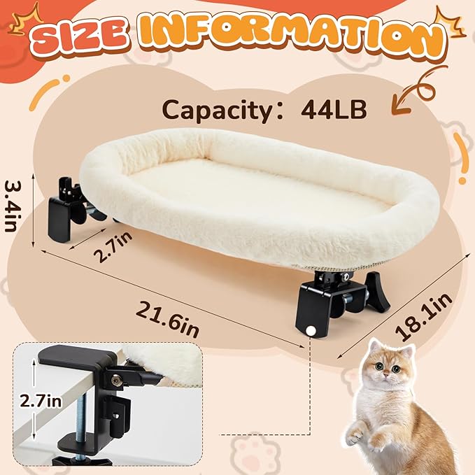 Lewtemi Bedside Pet Bed, Hanging Cat Hammock Attached to Bed or Desk, Adjustable Lounge with Heavy Duty Metal Frame, Soft Plush Guardrail, Stable Supports up to 44 Lbs for Large Cats(Cream)