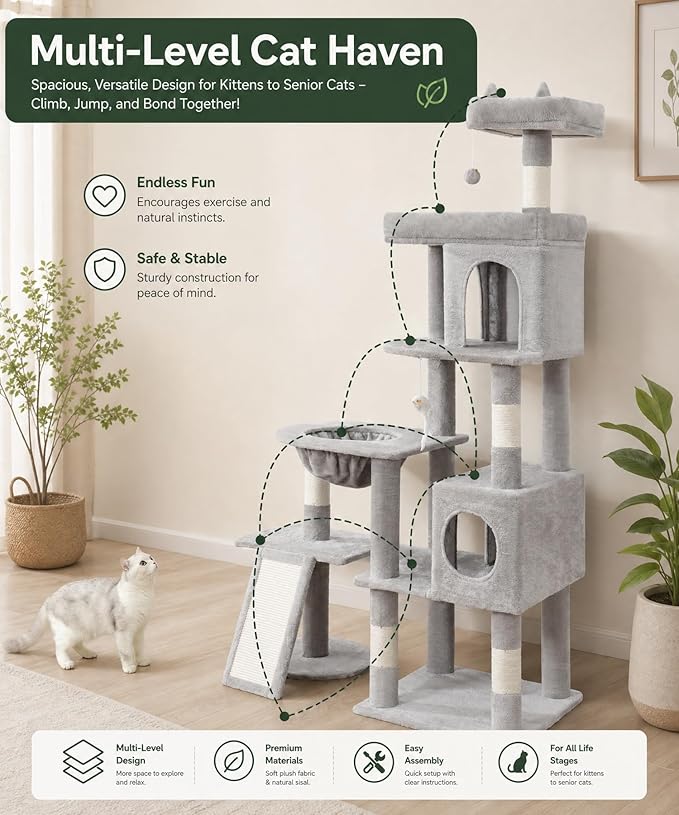 68 Inches Heavy Duty Cat Tree for Indoor Cat, Big Cat Tower with Sisal Scratching Posts and Top Perch, Large Platform for Adult Cats, PMT02GY, Grey