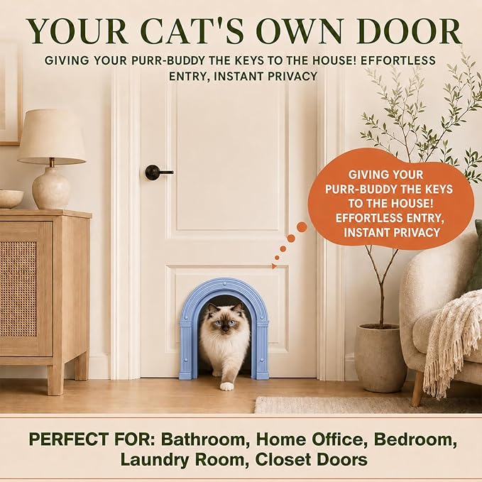 Cat Door for Interior Doors Large - No-Flap, No Training Needed, Indoor Cat Door Fits Cats Up to 25 lbs, Easy Installation, Installs in Minutes, Fits 1.25" to 1.75" Thick Solid & Hollow Doors Blue