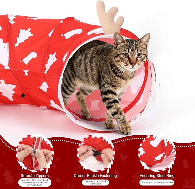 Cat Tunnel Bed Under Christmas Tree, 35' Xmas Peekaboo Cat Cave with Toy Balls and Circle Cushion. Multifunctional Playground Pet Toys Gifts for Kitty, Rabbit and Small Animals, Red + White
