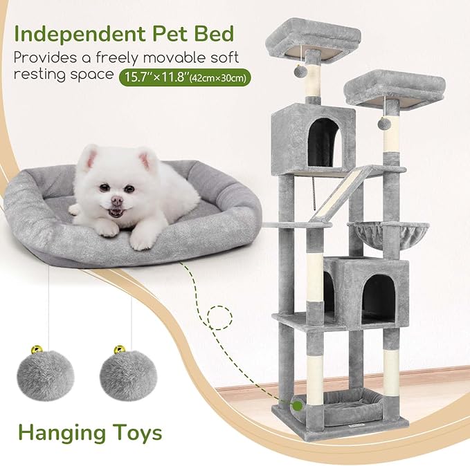 Globlazer 74in Heavy Duty Cat Tree for Large Indoor Cats, Multi-Level Cat Tower with Scratching Post, Cat Condos with Climbing Ladder, Hammock, Extra Large Top Perches, Pet Bed, F74D, Light Grey
