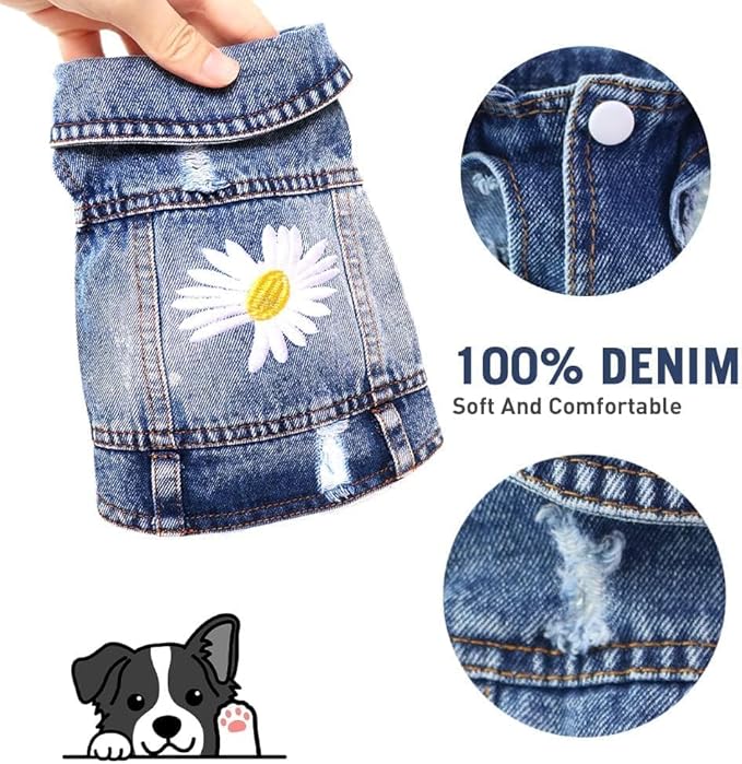 Dog Denim Jacket with Embroidered Daisy, Ripped Vintage Jean Vest for Small Dogs, Pugs, Chihuahuas, Spring Summer Fall Festival Outfit, Large (Fits Chest 15-16")