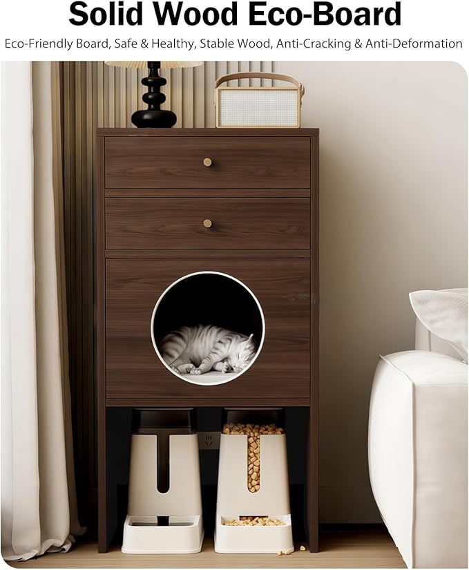 Multi-Function Cat House Furniture, Solid Wood Cat Condo with Storage Drawer, Pet Bed & Feeding Area, Compact Cat Cabinet (Black & White,19.6" L*15.7" W*41.3" H)