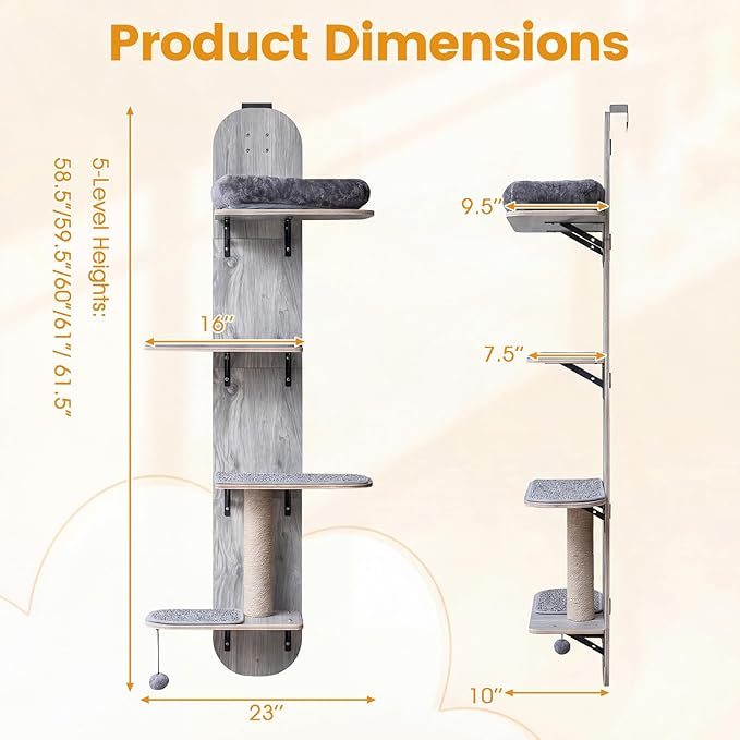 PETSITE Door Mounted Cat Tree, 58.5-61.5 Inches Height Adjustable Hanging Cat Climber with Scratching Post, Detachable Scratching Mats, and Comfy Plush Cat Bed (Grey)