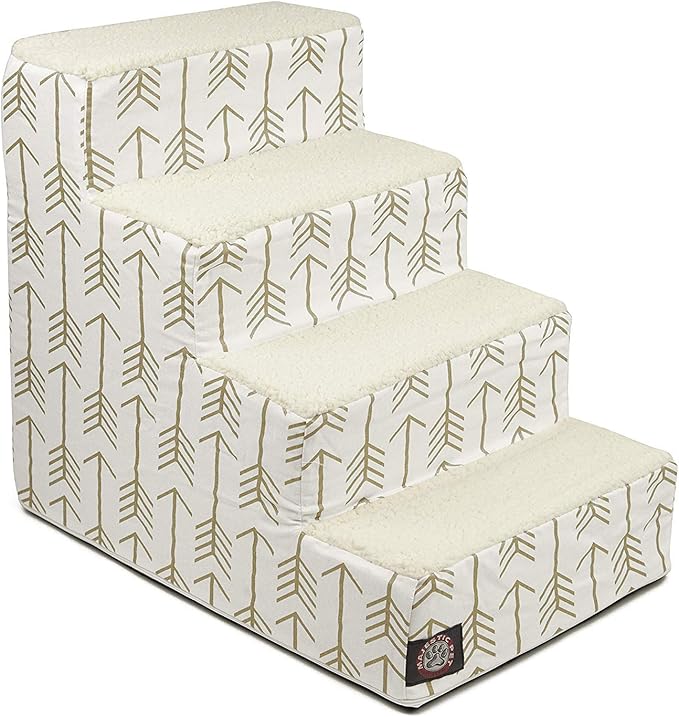 Majestic Pet 4 Step Portable Dog Stairs for Small Dogs to get on Bed Supports 250 lbs or Less – Dog Steps for High Bed with Machine Washable Cover –Pet Stairs for Cats Arrow White/Gold