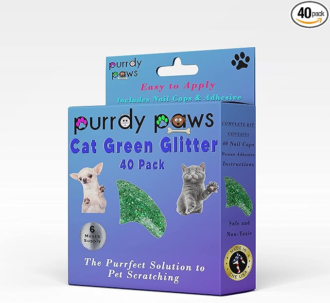 6 Month Supply Soft Nail Caps for Cats Green Glitter Small - Extra Adhesives